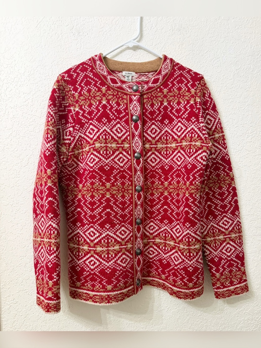 L.L.Bean Fair Isle Cardigan Sweater Pure Lambs Wool - M
